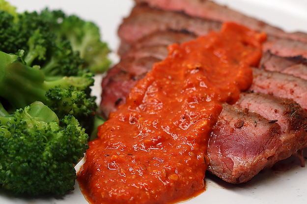 Spicy Flank Steak With Red Pepper Romesco Sauce